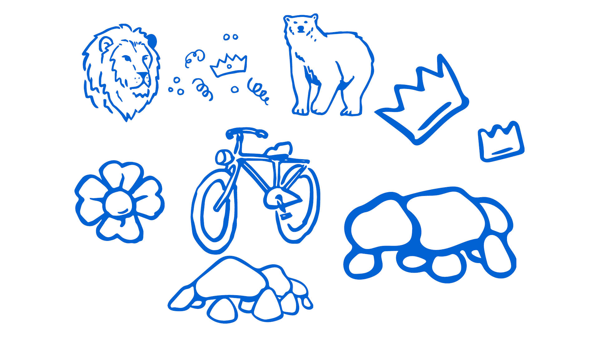 Doedels van dieren, kroontjes, bloemen, fiets, hunebedden in het blauw.